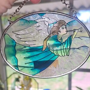 Amia Handpainted Glass Suncatcher Angel with Trumpet Blue Teal‎ Oval Hanging Art